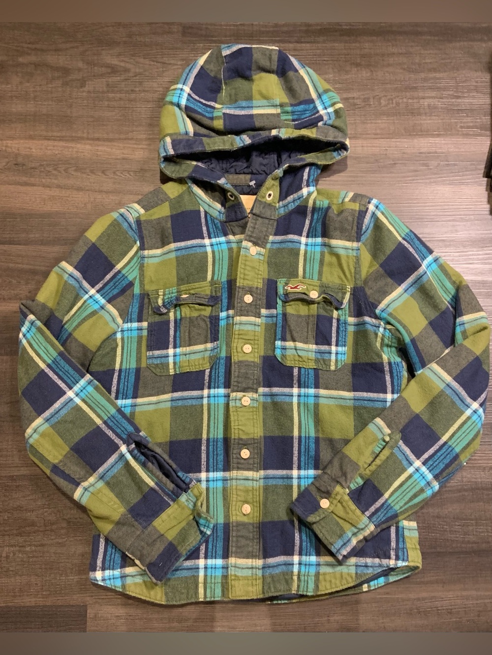 Hollister Olive, Navy & Teal Plaid Hooded Puffer Shirt